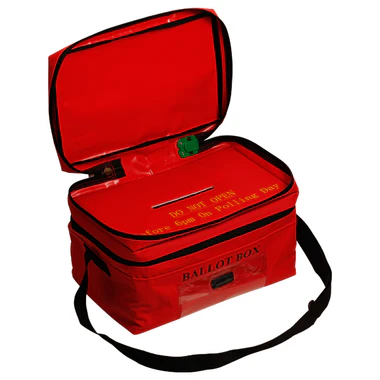 red ballot bag with ballot deposit slot on top
